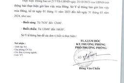 TB số 2395 SYT vv Thực hiện giờ làm việc mùa Đông năm 2023