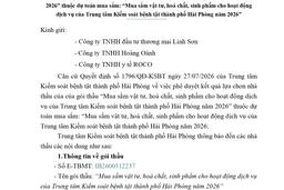 1801 TB lựa chọn nhà thầu của gói thầu Mua sắm vật tư, hoá chất, sinh phẩm cho hoạt động dịch vụ của TT