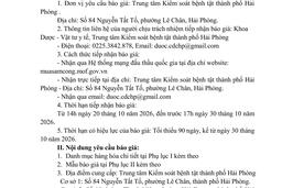 THƯ MỜI BÁO GIÁ: Vắc xin tiêm chủng dịch vụ của Trung tâm Kiểm soát bệnh tật thành phố Hải Phòng năm 2026 (đợt 5) - Để tham khảo, xây dựng giá gói thầu mua sắm vắc xin tiêm chủng dịch vụ, làm cơ sở lựa chọn nhà cung cấp hàng hóa