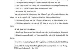THƯ MỜI BÁO GIÁ: Kiểm định, hiệu chuẩn máy móc, thiết bị chuyên dùng của Trung tâm Kiểm soát bệnh tật thành phố Hải Phòng năm 2026