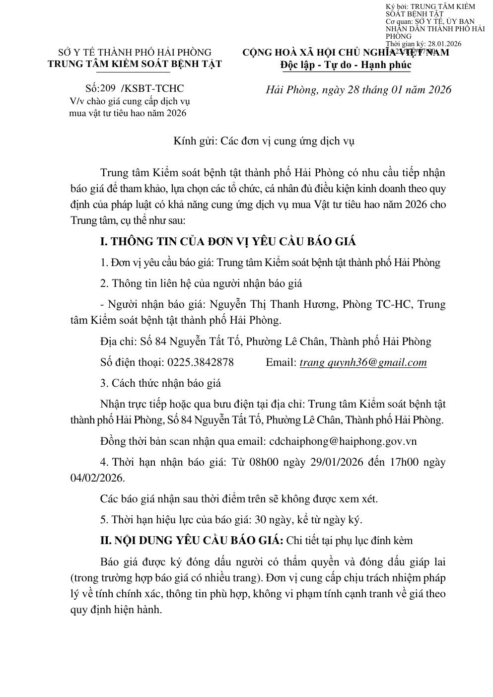209/KSBT-TCHC V/v chào giá cung cấp dịch vụ mua vật tư tiêu hao năm 2026